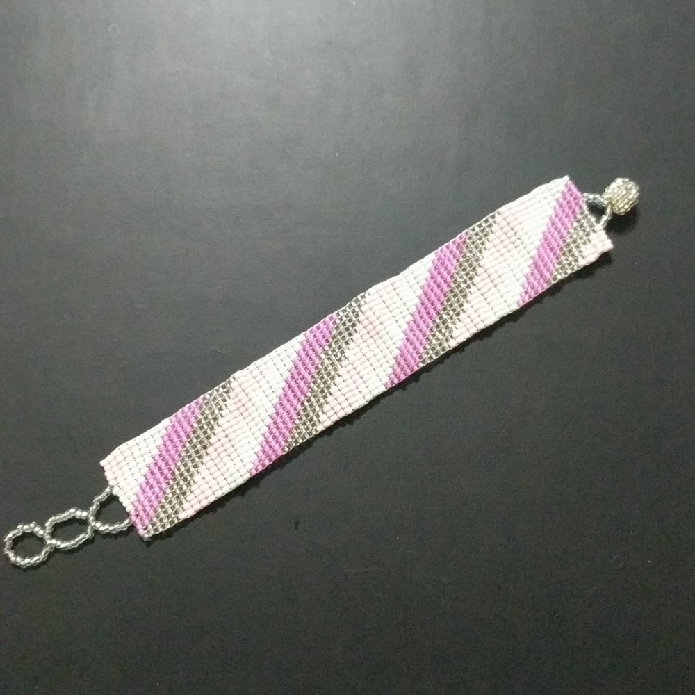 Pink White Silver Beaded Stripe Bracelet